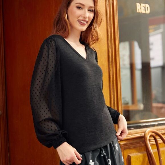 Modcloth More After Midnight Top Black Long Sleeve Sheer Polka Dot Sleeve M NWT - Picture 2 of 12